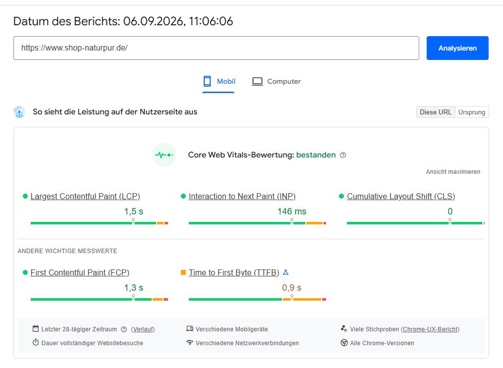 PageSpeed-Felddaten: mobile Core Web Vitals der Referenzseite bestanden