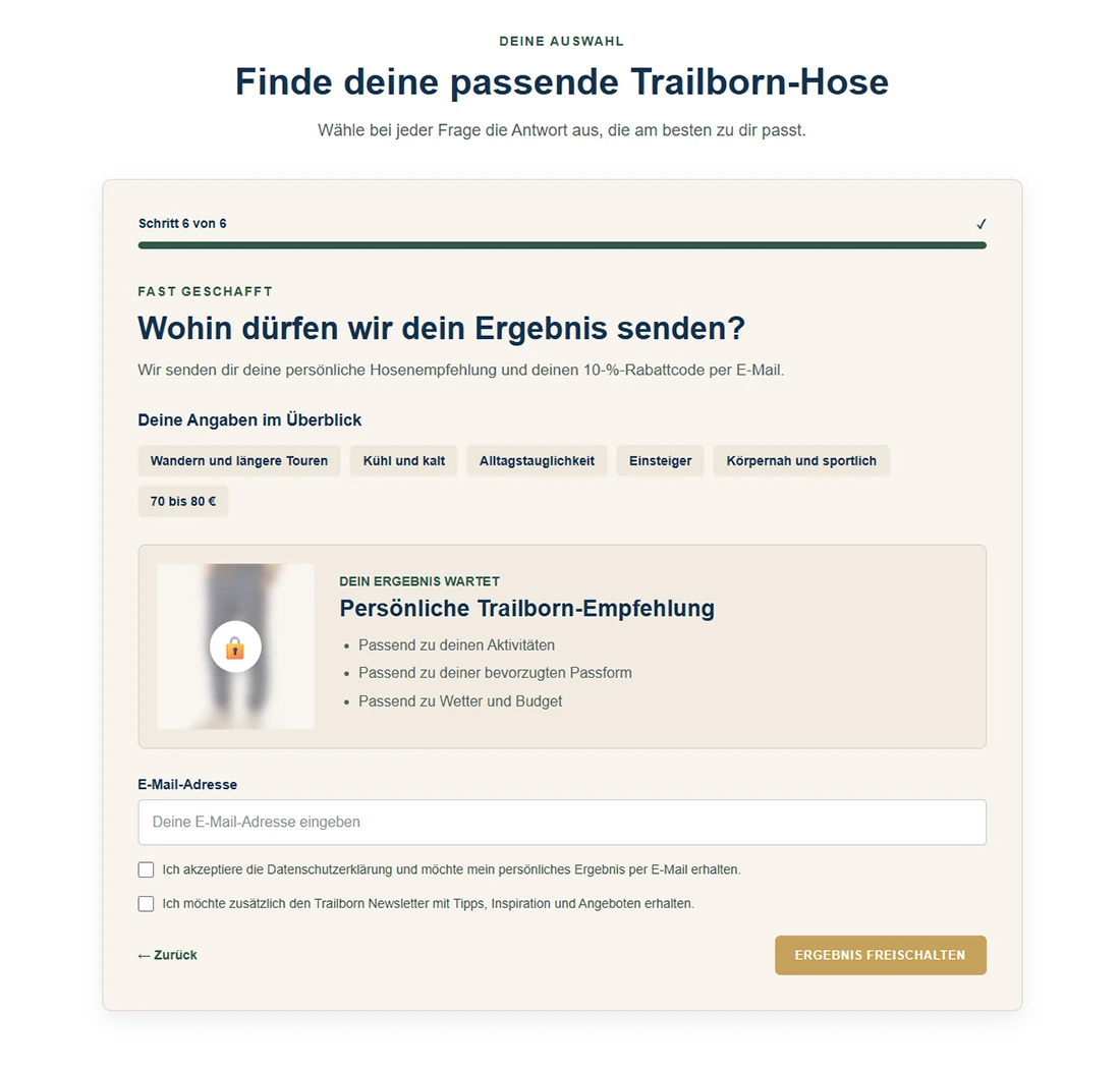 E-Mail-Freischaltung des Outdoor-Hosenfinders