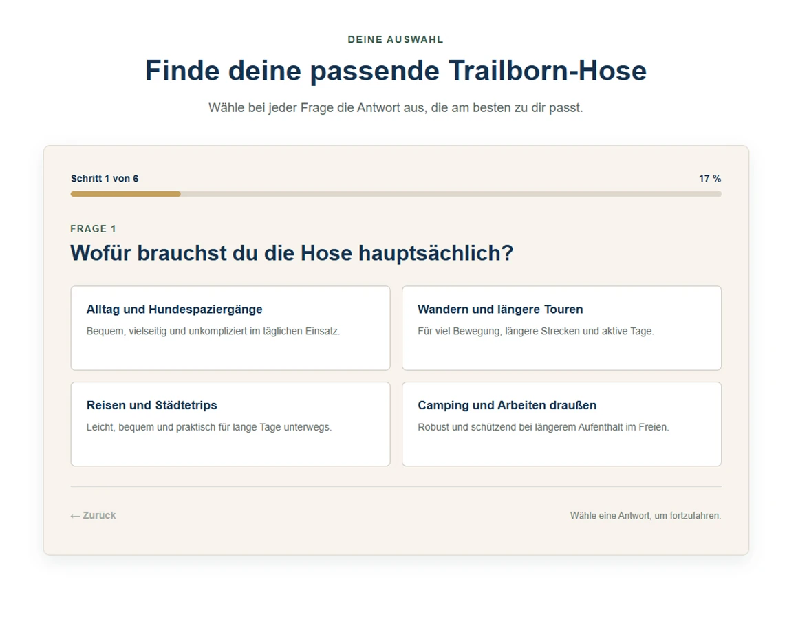 Fragenansicht des Outdoor-Hosenfinders