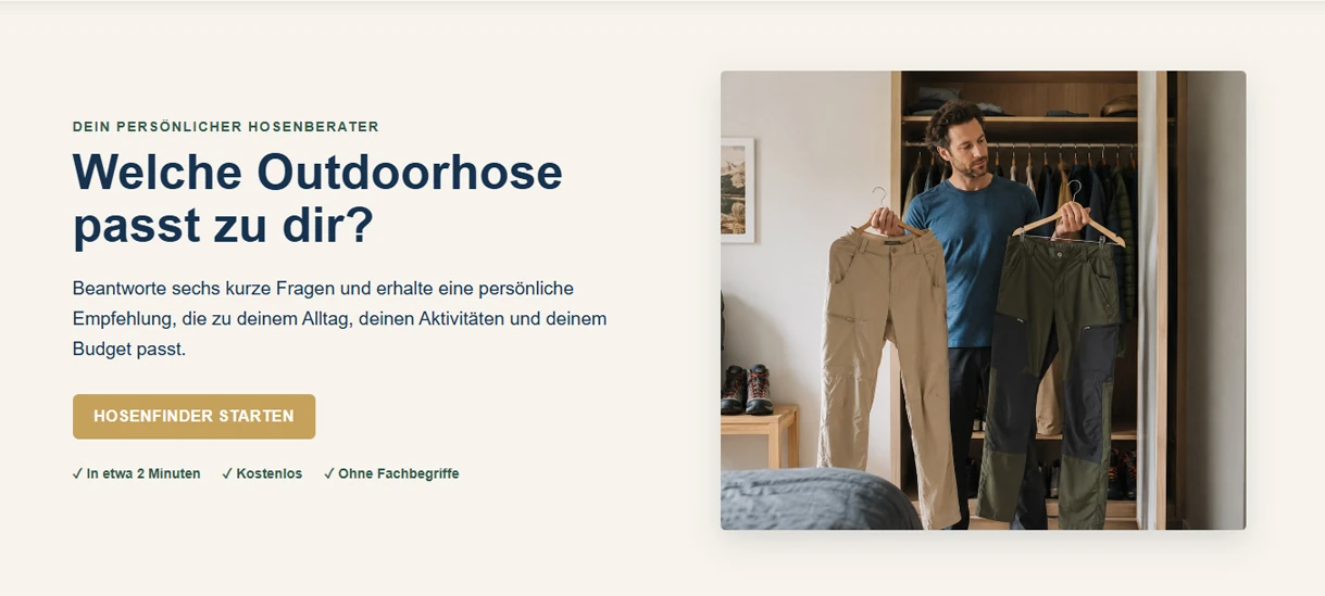 Startansicht des Outdoor-Hosenfinders