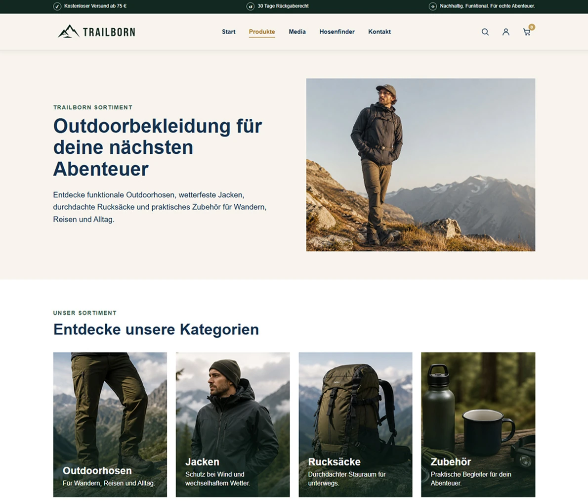 Produkt- und Sortimentsseite der fiktiven Outdoor-Marke